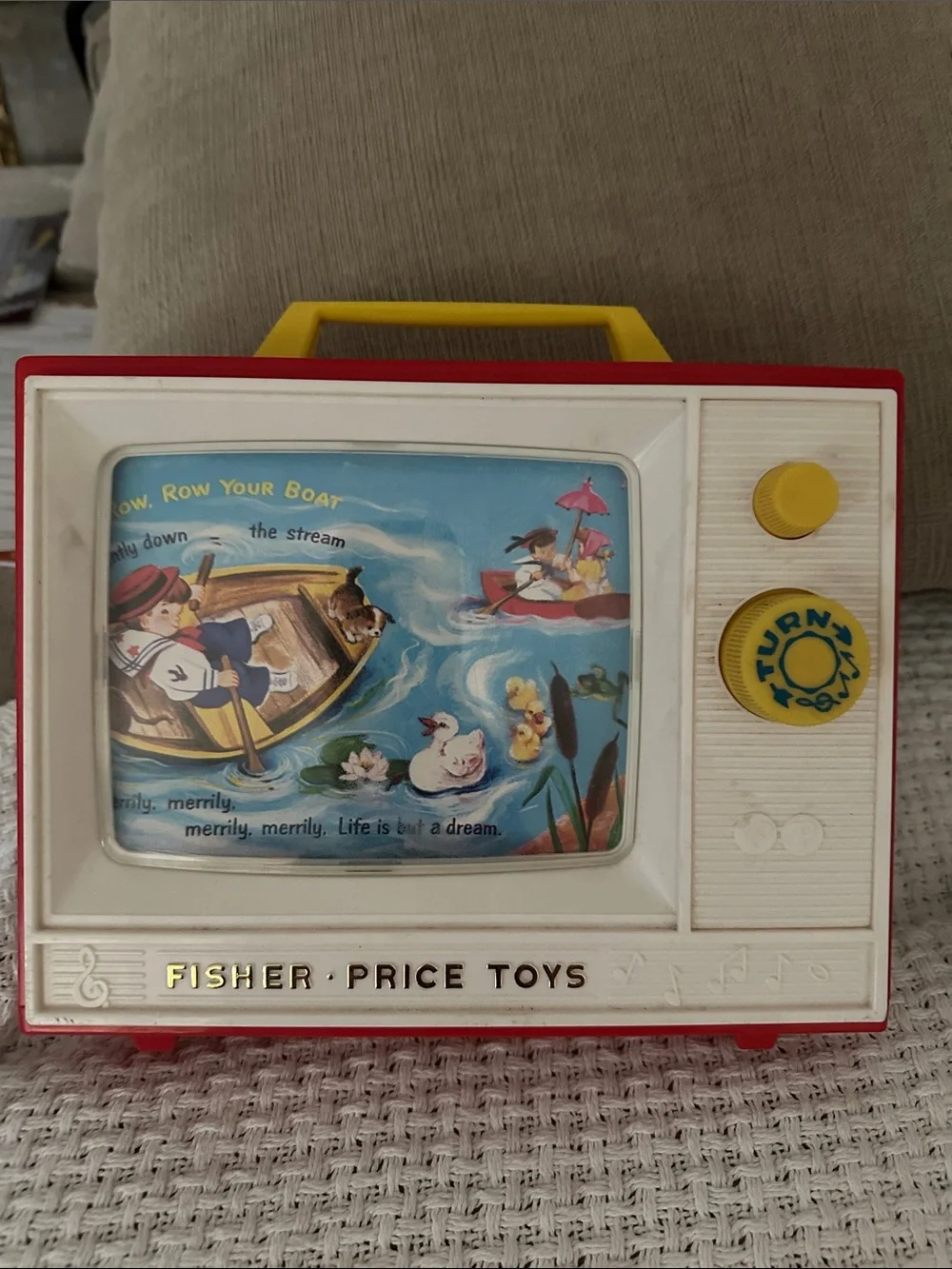 Vintage Fisher-Price Red, Yellow and White Toy TV with Storyboard Screen